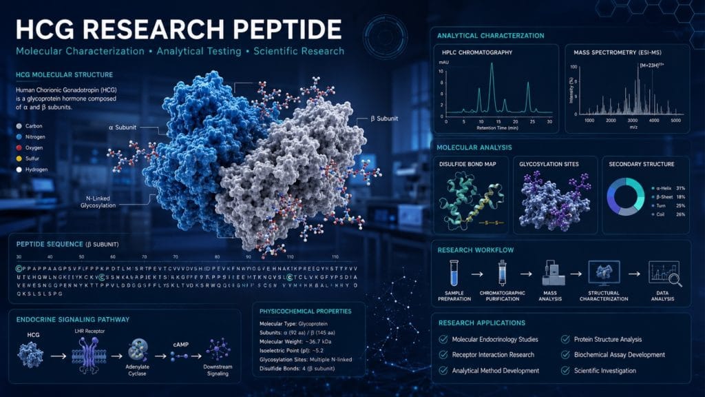 Scientific illustration of HCG research peptide molecular structure, analytical testing workflows, and laboratory research applications.