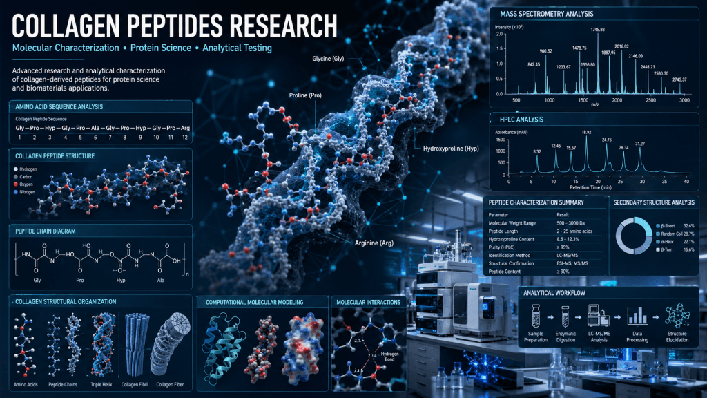 Scientific illustration of collagen peptide molecular structures, protein characterization workflows, analytical testing methods, and biomaterials research concepts.